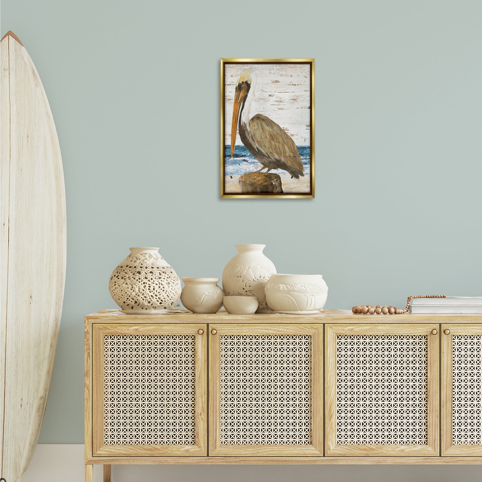 Stupell Industries Rustic Ocean Pelican Animals & Insects Painting Gold Floater Framed Canvas Art Print Wall Art, 17 x 25