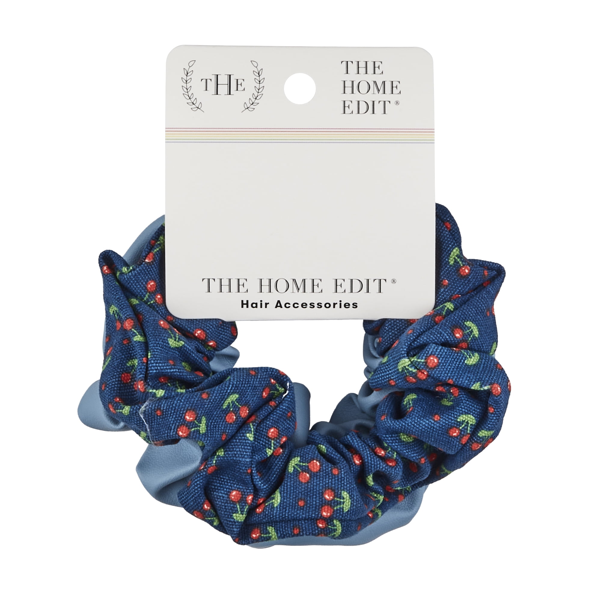The Home Edit Scrunchies in Blue Faux Leather and Cherry Print, 2ct