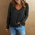 thumbnail image 2 of Women's Long Sleeve Blouses V Neck Tops Casual Loose Cotton Blended Comfort Basic T-Shirt Solid Plain Tee Tops Black,2XL, 2 of 7