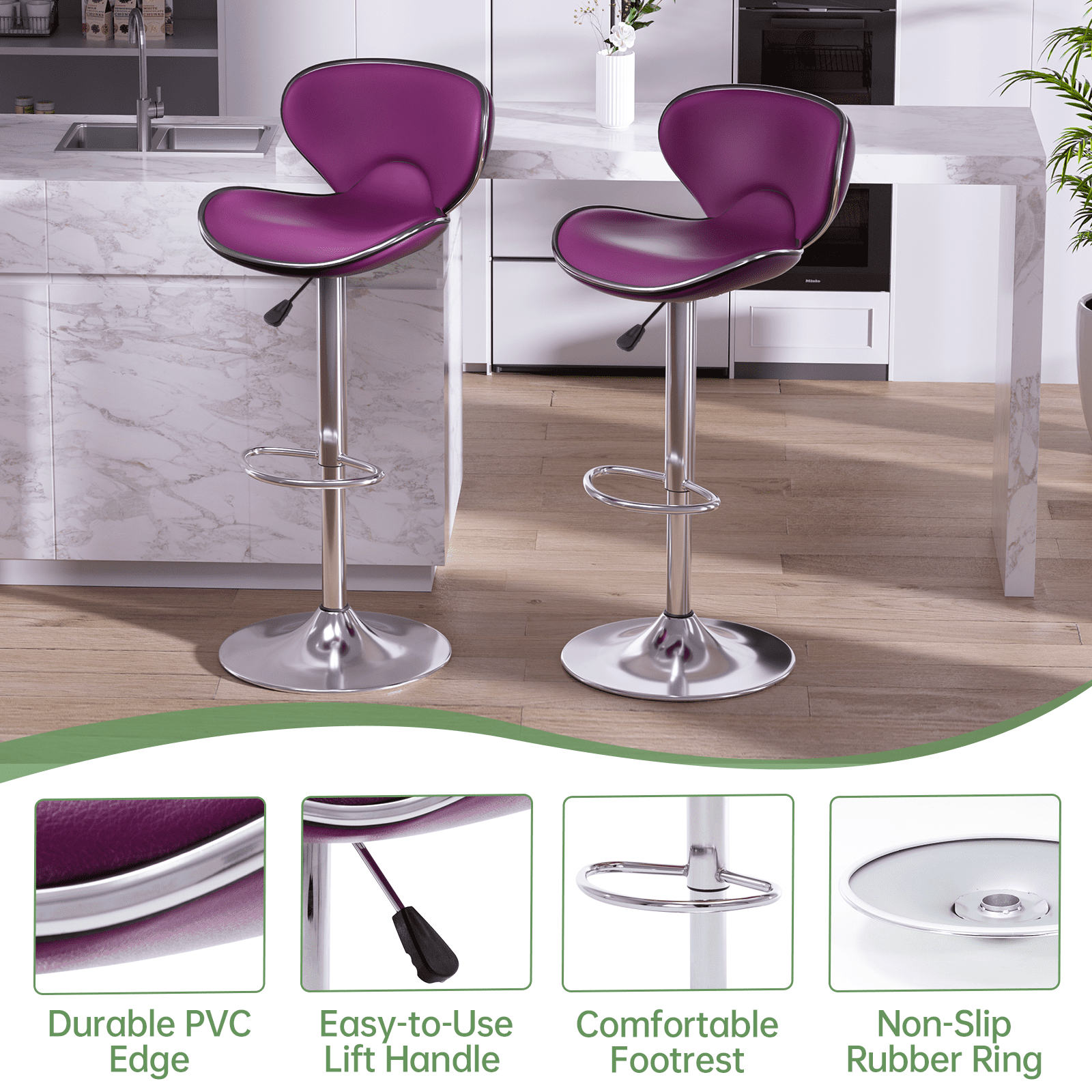 Bar Stools Set of 2, Adjustable Swivel Barstools, Modern PU Leather Counter Height Stools with Back and Footrest for Island, Dining, Bistro, Pub (Purple)