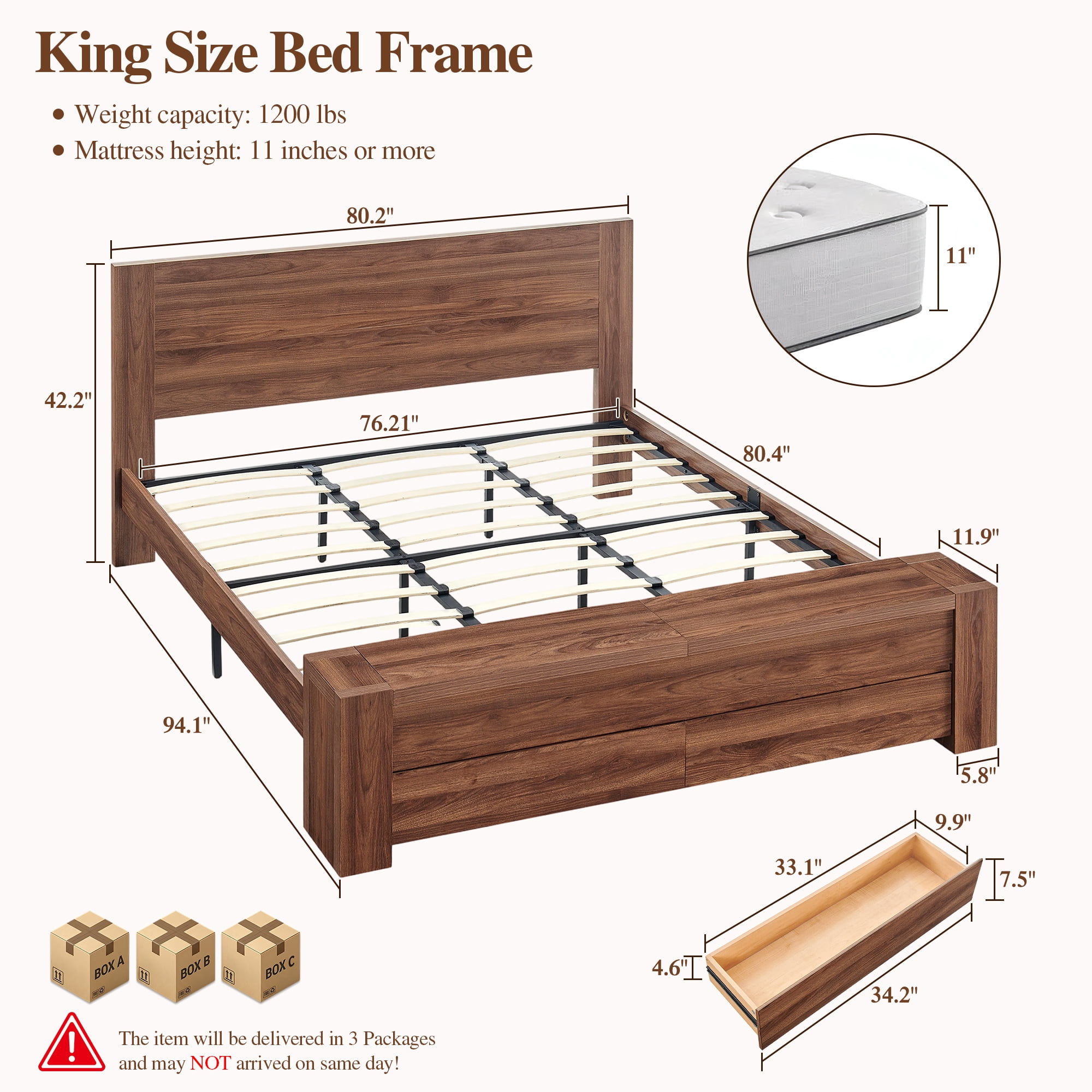 KeyWhat Modern King Size Storage Bed Frame with Panel Headboard, Footboard Storage Bench, Built-In Drawers, Lift-Up Compartments, No Box Spring Needed, Light Walnut
