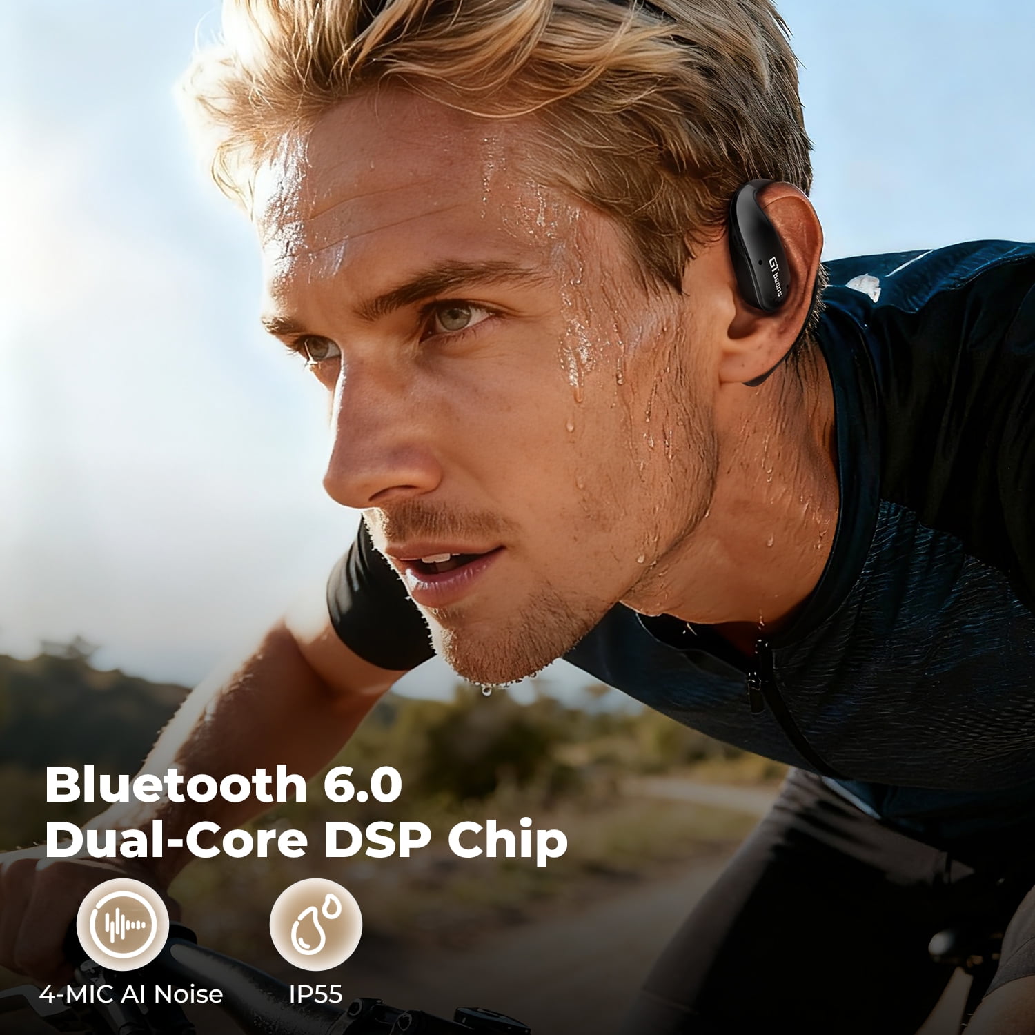 GTbeans E20 Open-Ear Earphones OWS Ear Hooks Wireless Bluetooth 6.0 Headphones IP55 Waterproof 56 Hrs Playtime 4 Mic Clear Call Sports Earbuds, Black