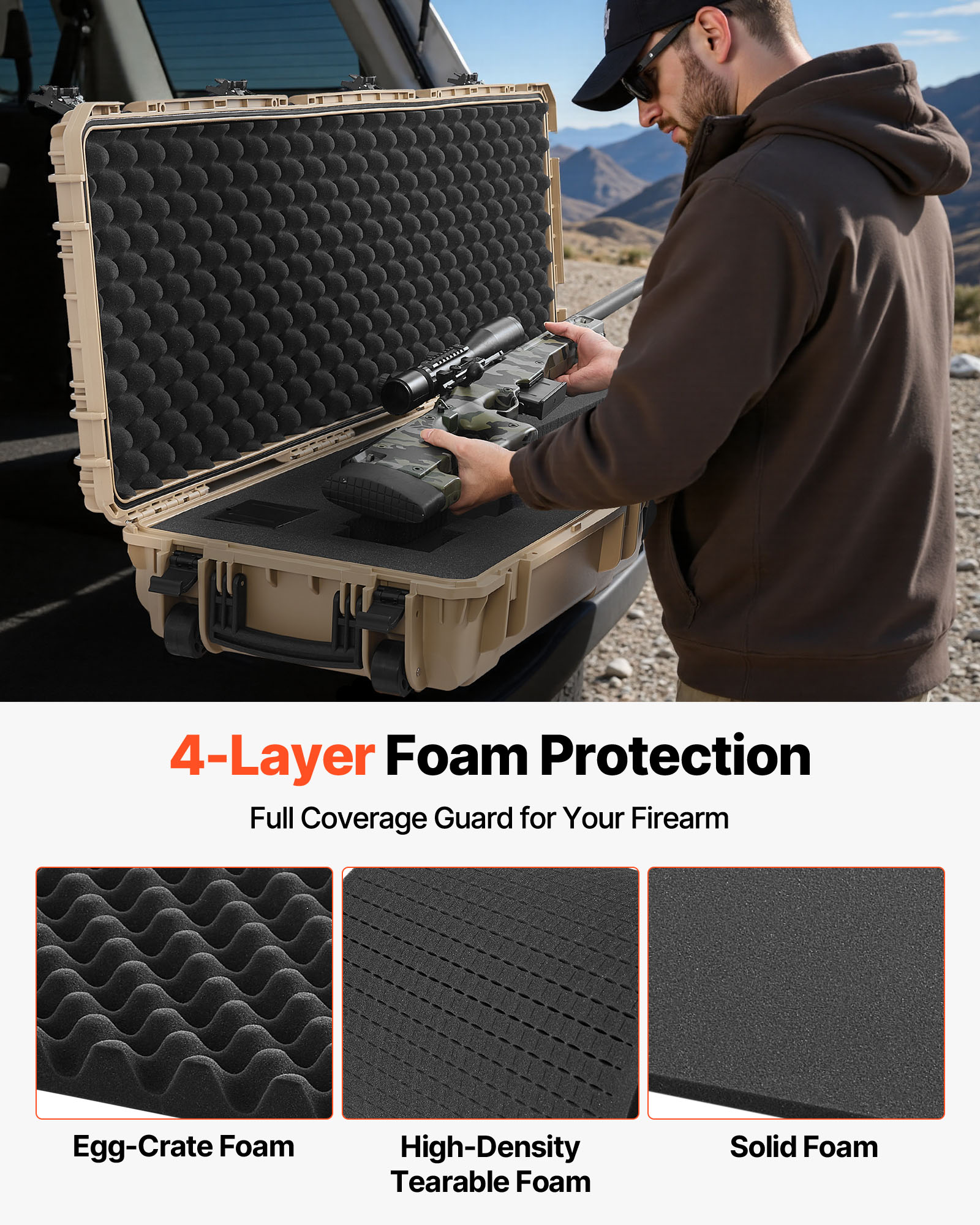 VEVOR Hard Rifle Case, Lockable Rifle Case with Pre-cut Foams, 52 in Gun Storage with Wheels, Heavy Duty IP67 Waterproof & Dustproof Pistol Storage Cases for Rifles, Shotguns, Airsoft Guns, Khaki