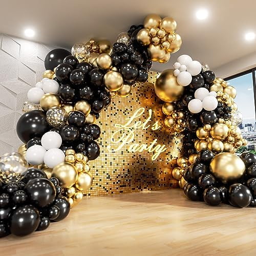 182pcs Black and Gold Balloons Garland Arch Kit, 5 10 12 18 inch Black White Metallic Gold Confetti Latex Balloons for 2024 Graduation Decorations New Year Birthday Party Decorations