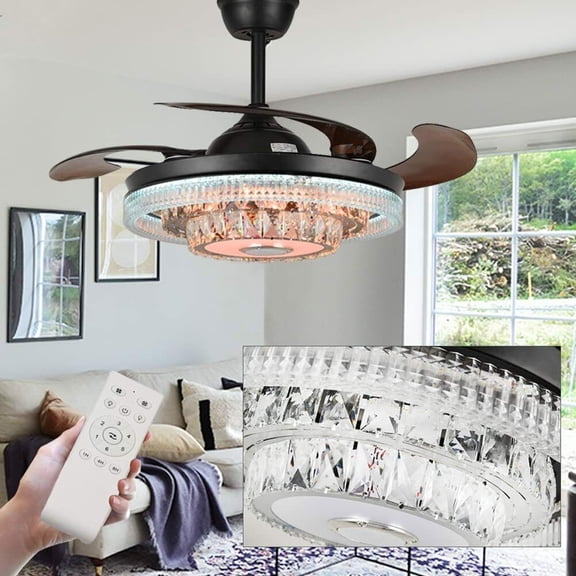 KPIBEST 42"Modern Crystal Ceiling Fan With Light And 6 Wind Speed Bluetooth Speaker Lamp Home Decor