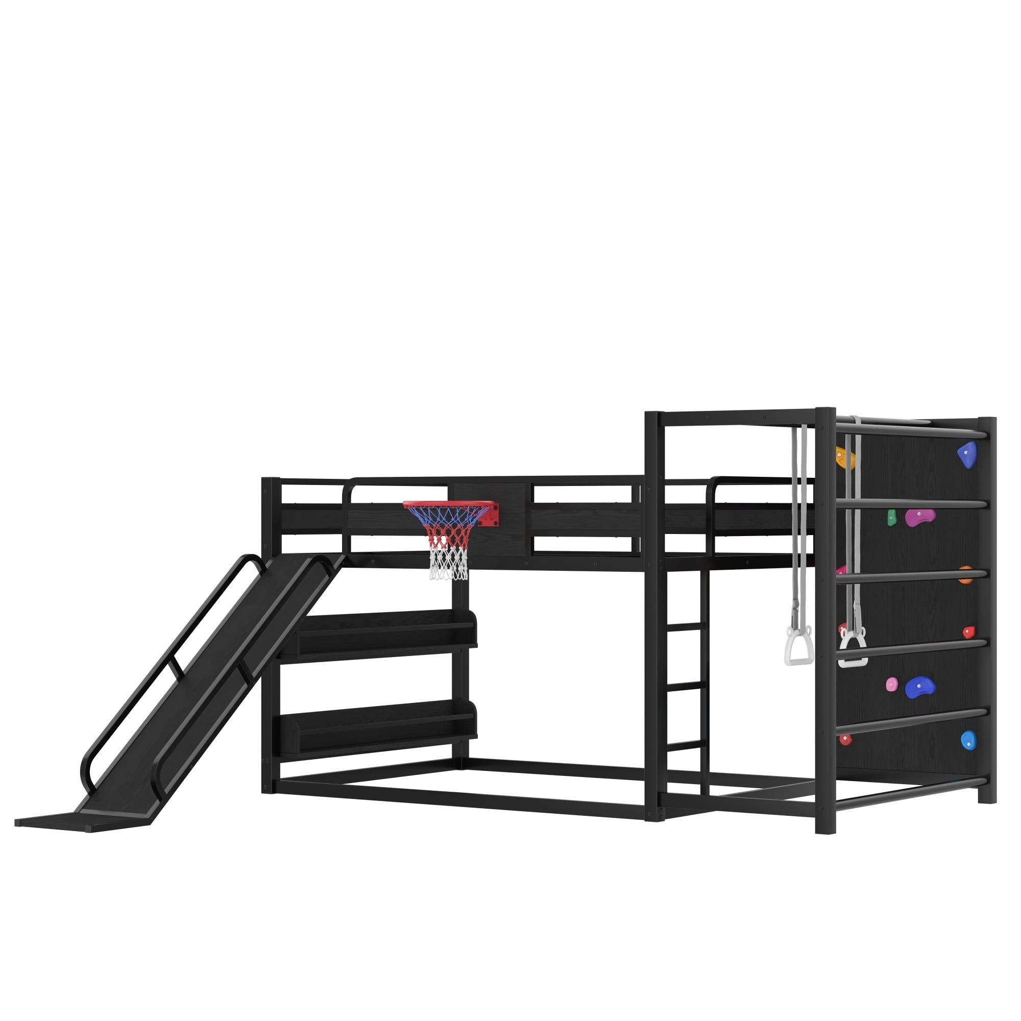 Full Size Loft Bed with Basketball Hoop, Pull-up Rings and Climbing Wall, Metal Loft Bedframe with Bulit-in Bookshelves, Kids Playhouse Bed with Slide for Boys Girls