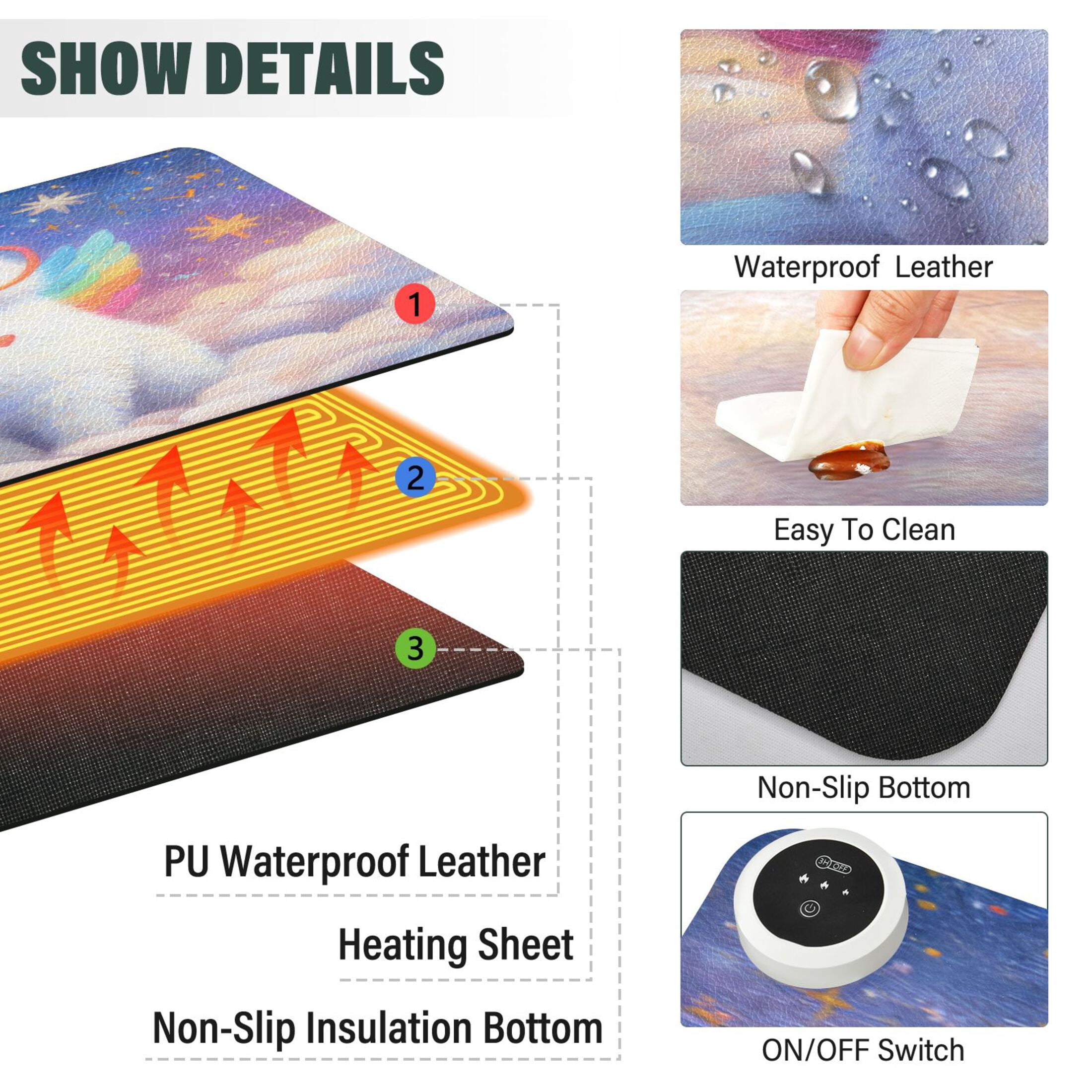 Large Heated Desk Mat Mouse Pad 31.5"x13"PU Leather Graphene Heating Desk Warmer with 3 Temperature Settings 110V US Plug Non-Slip Warm Pad for Home, Office, and Gaming Galaxy Unicorn Kitten Print