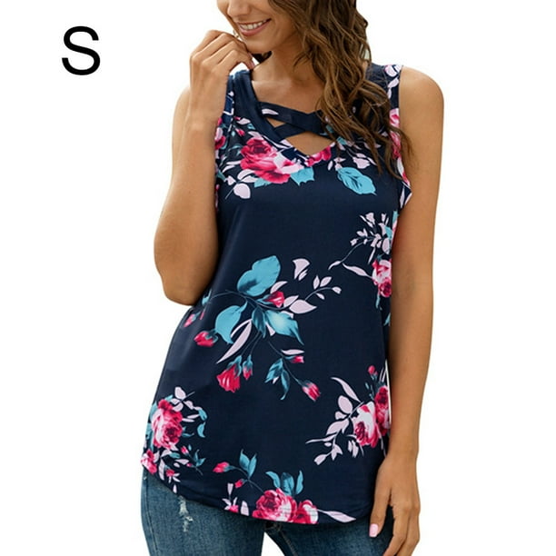 Chaleco de mujer Boho sin mangas sin mangas con estampado floral camiseta con cuello en V, azul marino, S Inevent AP002566-16