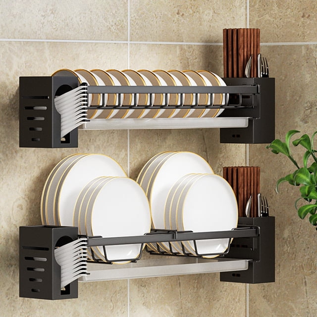 Leodye Non Perforated Stainless Steel Bowl and Rack Chopstick Owner Kitchen Storage Rack Wall Mounted Drainage Multifunctional Bowl Storage Rack for kitchen decor