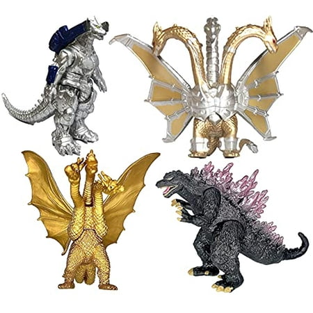 EZFun Set of 4 Godzilla Toys Movable Joint Birthday Kids 2019 Action Figures King of the Monsters Burning Heisei Mecha Ghidorah Pack Plastic Mini Dinosaur Playsets Cake Toppers Package