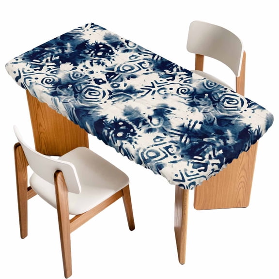 Blue Tie-dye Table Cloths for 3 Foot Rectangle Tables, Vintage Rustic Abstract Painting Art Patio Waterproof Elastic Fitted Tablecloths, Washable Rectangular Table Cover for Camping