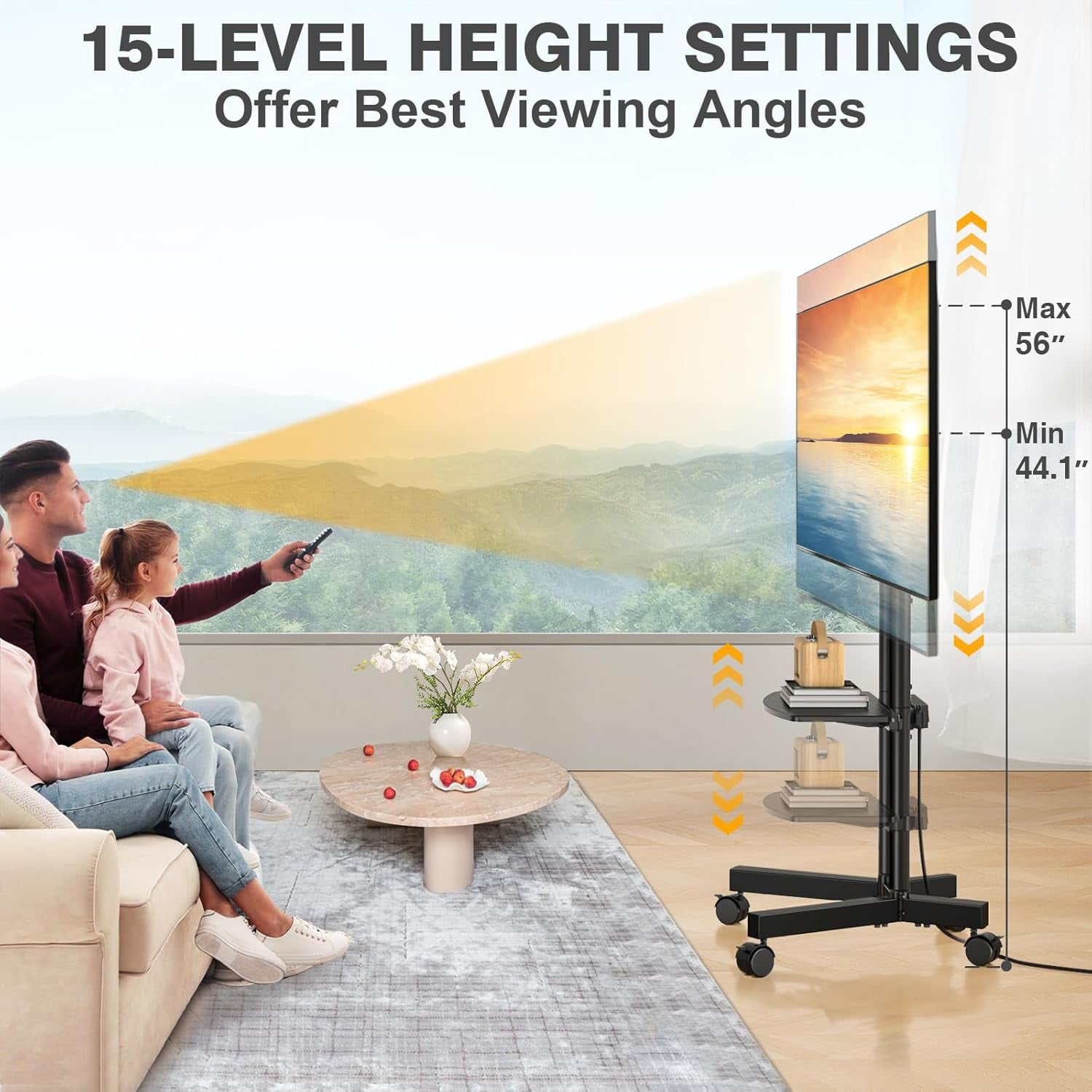 Portable Rolling TV Stand with Power Outlet for 32–75 Inch TVs, Height Adjustable Mobile TV Cart on Wheels, Fits Flat & Curved LCD, LED, OLED Screens, Supports up to 88 lbs, VESA 400x400