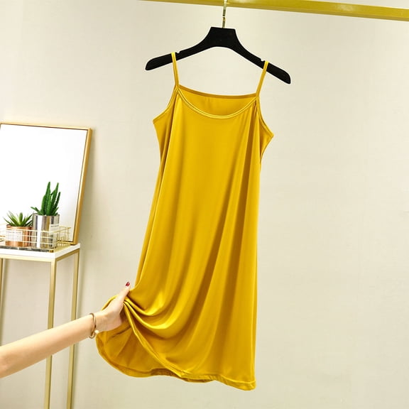 Blmnix Nightgowns for Women Satin Nightgown Sexy Nightgown Chemises Nightshirt Yellow Crew Neck Below-the-Knee Sleeveless Bamboo Nightgowns for Women,M