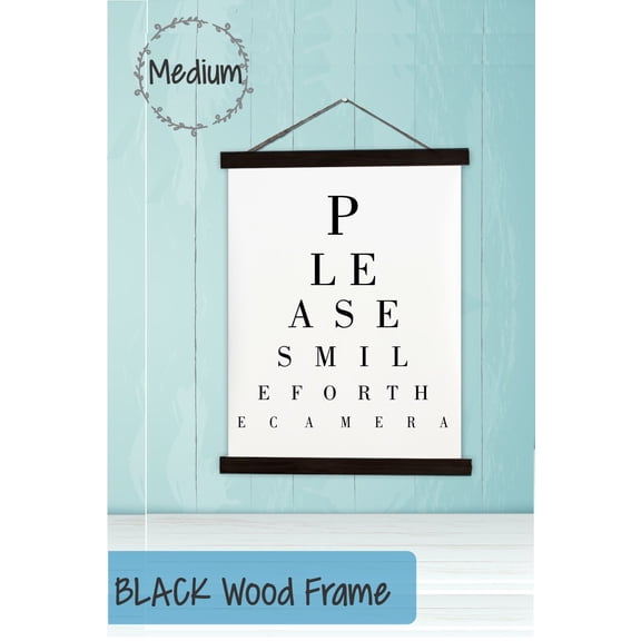 Black Wood, Canvas Sign, Smile For Camera Eye Chart Funny Décor Print, Lightweight Ready to Hang Wall Hanging, 15x19-Inch