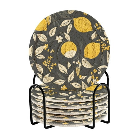 

6 coil coasters 3.94x3.94x0.24 inch water coasters Drink coasters with cup holders Absorbent coasters Heat resistant for bar protection Pretty Yellow Lemon and Leaves