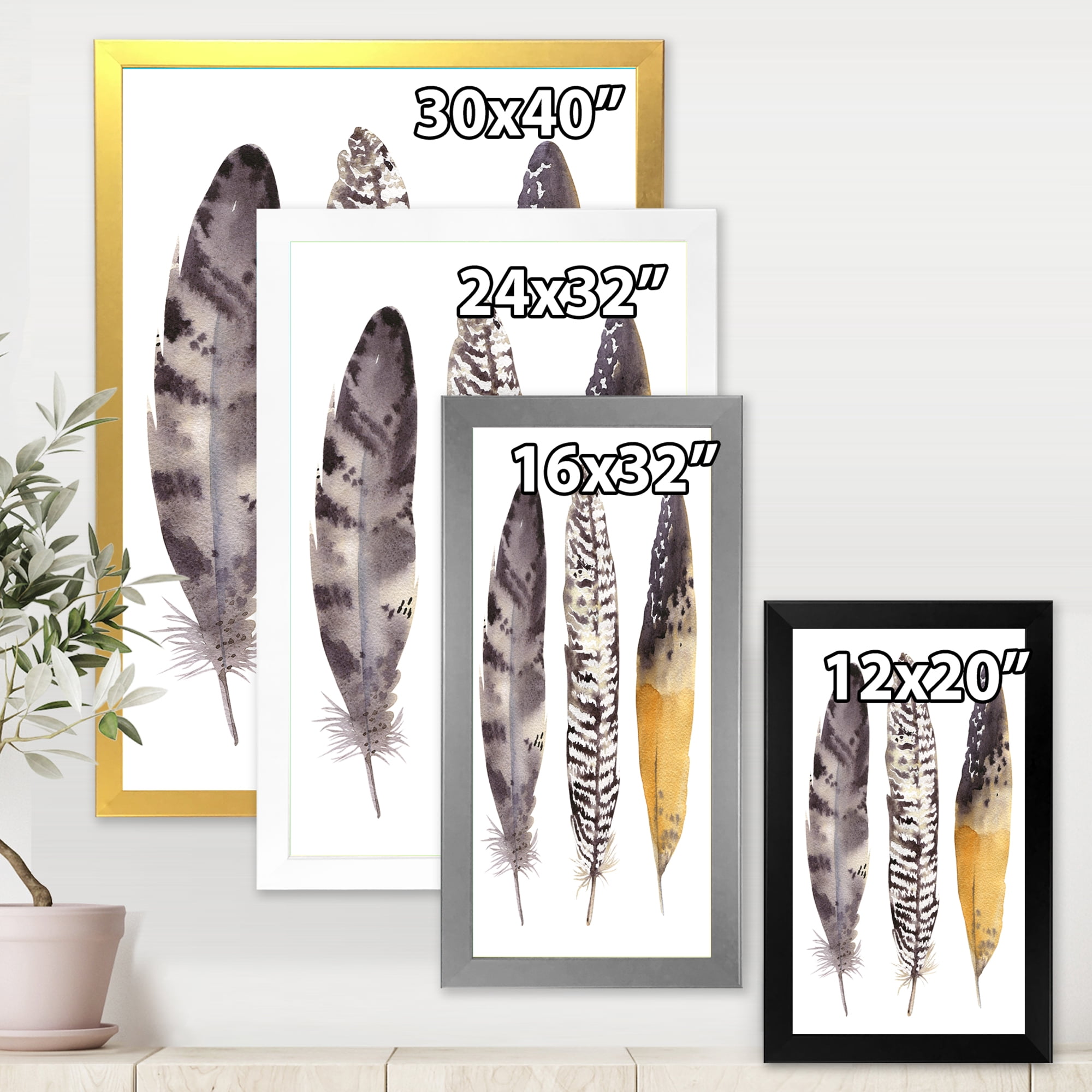 Designart 'Boho Ethnic Art Dark Gray Feathers III' Bohemian & Eclectic Framed Art Print