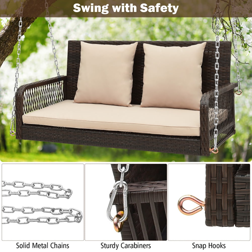 Aimee Lii 2-Person Outdoor Wicker Porch Swing with Seat and Back Cushions, Swing Chair Outdoor, Beige