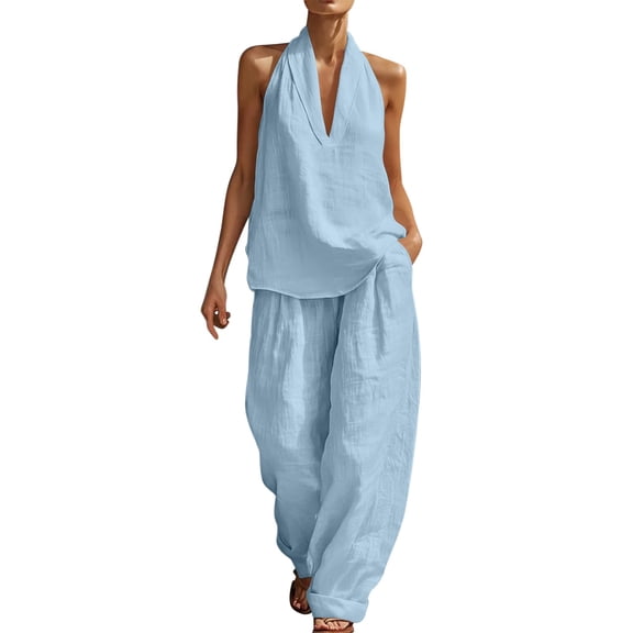 PBFRDSJ Women's Casual 2 Piece Outfits V Neck Sleeveless Halter Top and Wide Leg Pants Set Summer Beach Vacation Outfits