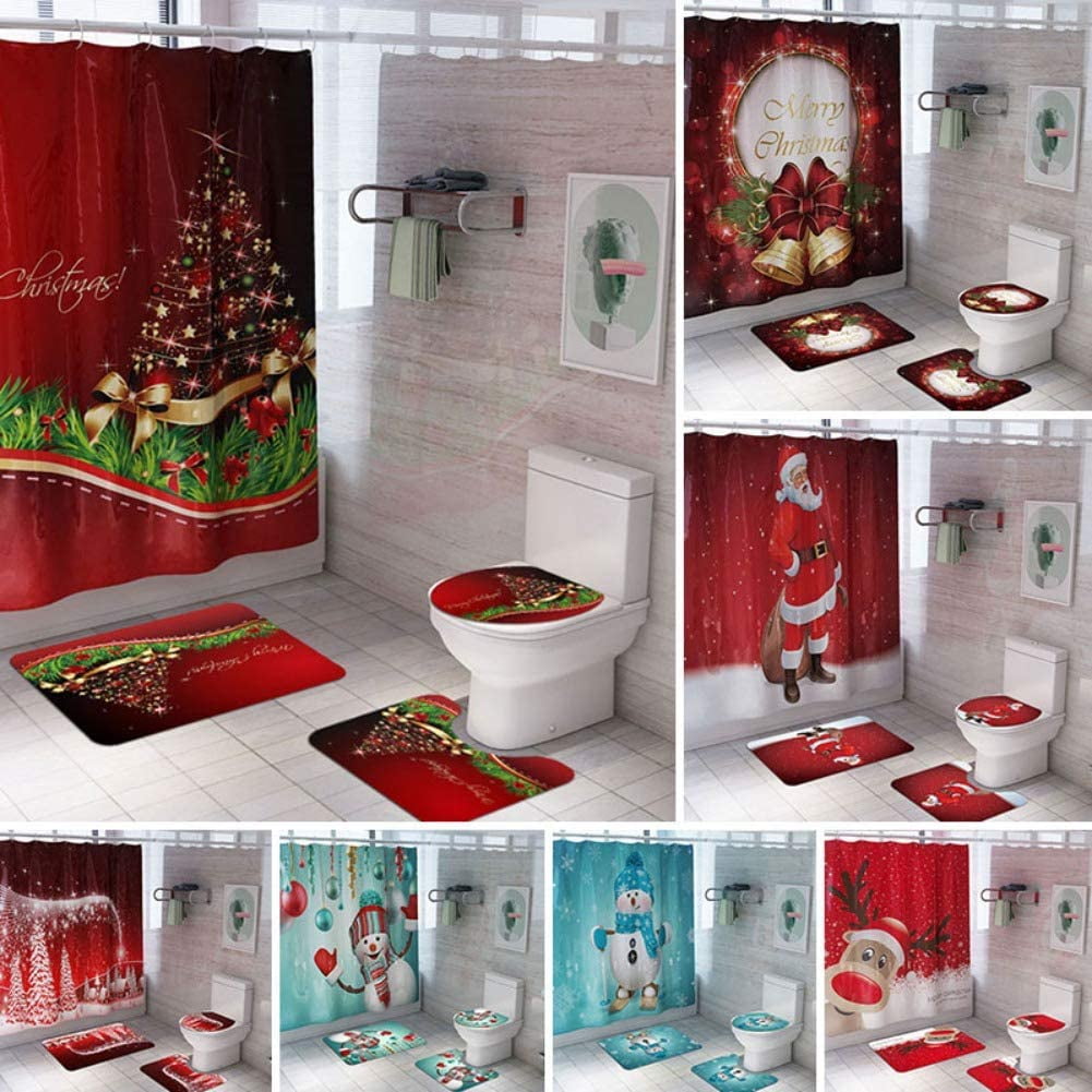 A11 ARTIFUN 4 PCS Christmas Bathroom Decorations Set Toilet Seat Cover Rug Shower Curtain Sets Xmas Santa Claus Elk Snowman Bathroom Decor