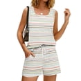thumbnail image 4 of JULMCOMO 2 Piece Sets for Women Striped Print Square Neck Lightweight Summer Short Sets Drawstring Waisted Lounge Outfits with Pockets Multicolor L, 4 of 8