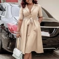 thumbnail image 3 of AURA Plus Size Suit Collar Swing Midi Dress Short Sleeve High Waist Belted Solid Color Summer, 3 of 10