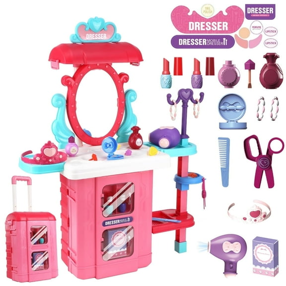 38PCS Toddler Makeup Vanity Set, Anpro 29Inch Princess Girls Vanity Table Set Toy with Light & Music and Accessories & Hair Dryer for Kids Toddlers Girl 3-5 Years, Pink