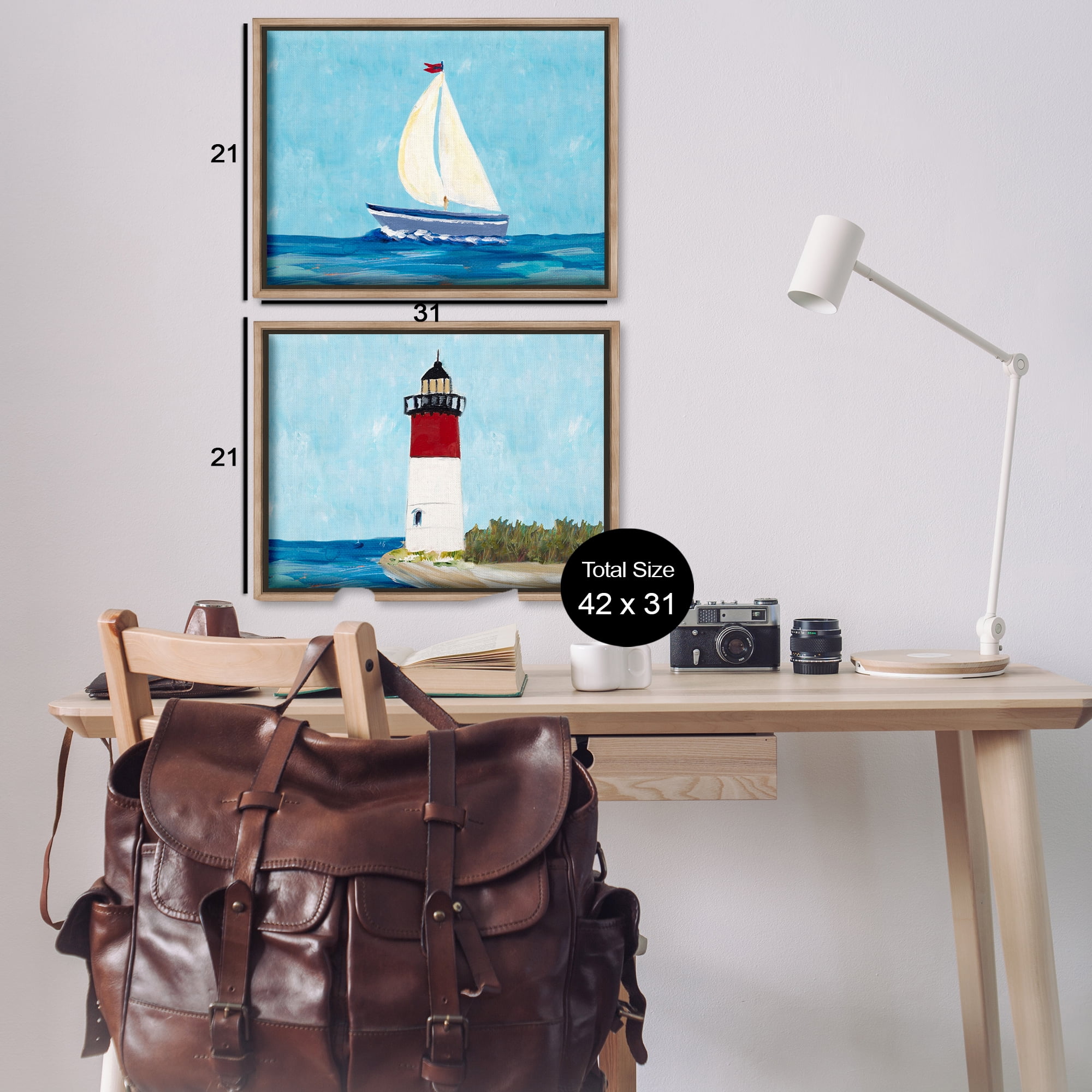 Stupell Industries Nautical Sail the Sea Lighthouse Nautical & Beach Painting Brown Floater Framed Canvas Art Print Wall Art, 31 x 21, Set of 2