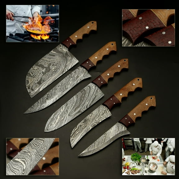 Custom Handmade Damascus Chef Knives Set/Kitchen Knives 5 Pieces Set SS-17510 (Poplar Wood)