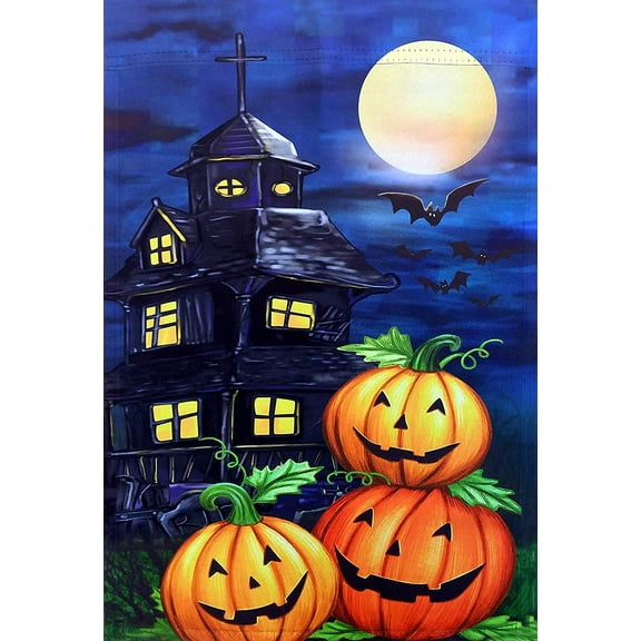 Haunted House Halloween Garden Flag - 12" x 18", Double Sided, Bats & Pumpkins, Black, Blue and Orange Halloween Decorations