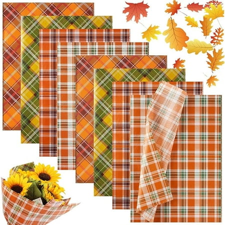 100 Sheets Autumn Buffalo Plaid Tissue Paper for Gift Wrapping, Orange Yellow Brown Tissue Paper for Gift Bags, Fall Retro Gift Wrapping Tissue for Thanksgiving Day Halloween Holidays Craft