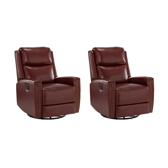 ARTFUL LIVING DESIGN Genuine Leather Swivel Rocker Recliner Set of 2 with Nailhead Trims & Swivel Base, Burgundy
