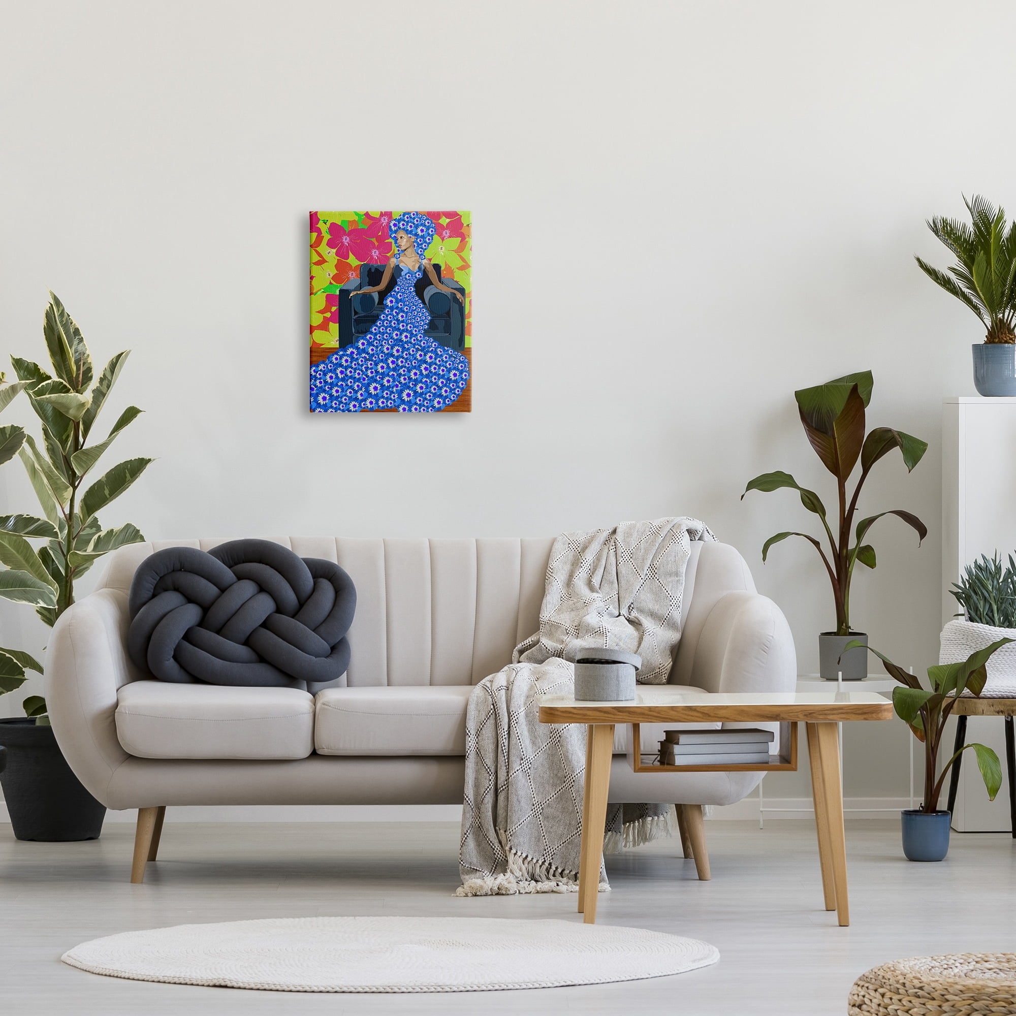 Stupell Industries Woman In Blue Retro Floral Pattern Botanical & Floral Painting Gallery Wrapped Canvas Print Wall Art