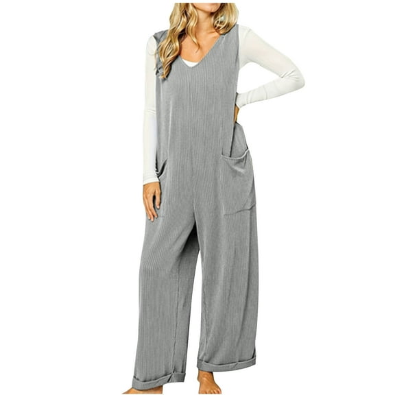 Lenpel Summer High Roller Jumpsuits for Women Soft Comfy Casual Loose Overalls with Pockets Baggy Wid Leg Rompers