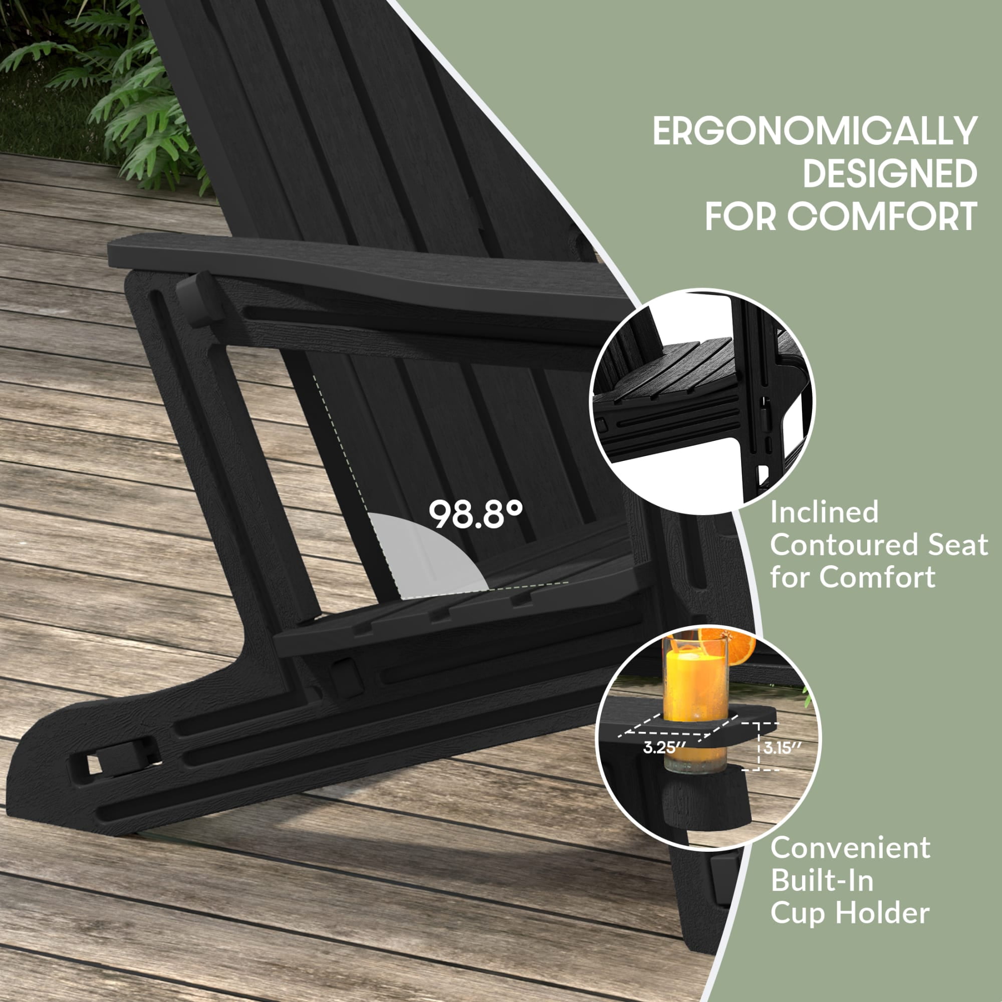 WestinTrends Azura Outdoor HDPE Adirondack Chairs With Connecting Table Tray (Set of 2), Black