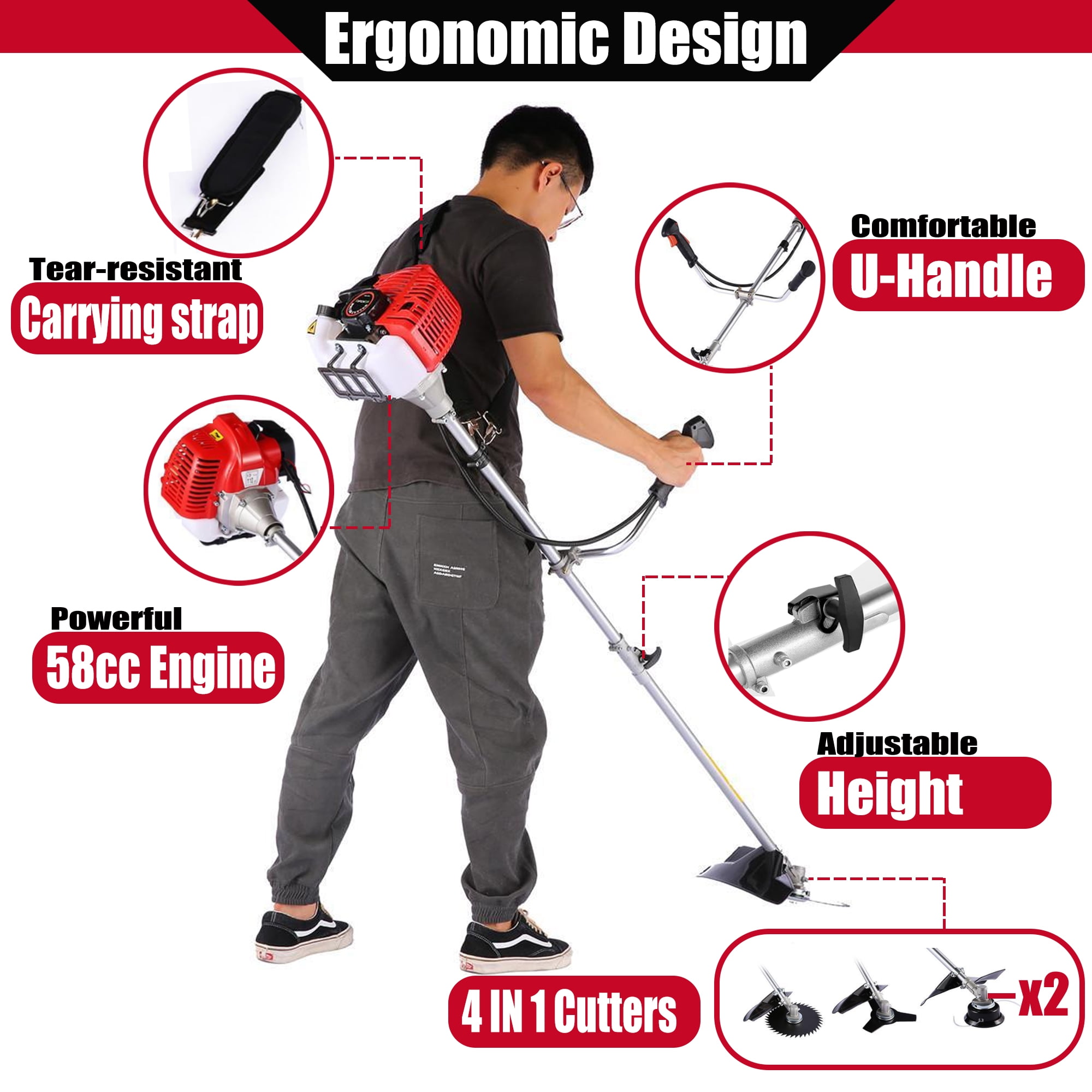 Adnoom 58CC 4-in-1 Gas Weed Eaters String Trimmer 2-Cycle, 18.5" Cutting Path Straight Shaft Weed Wacker, Weed Trimmer Brush Cutter w/4 Detachable Heads