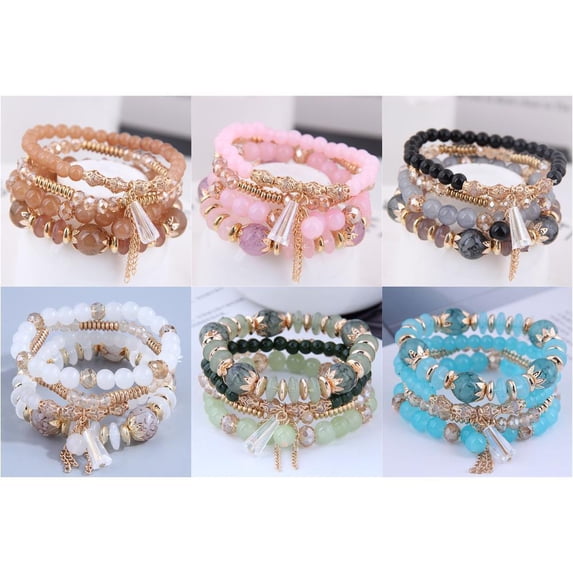 JINLUO 6Sets Boho Bohemian Bracelets Stackable Layered Beaded Crystal Bead Bracelets for Women Multicolor Multilayer Handmade Natural Stone Jewelry Holiday Gifts