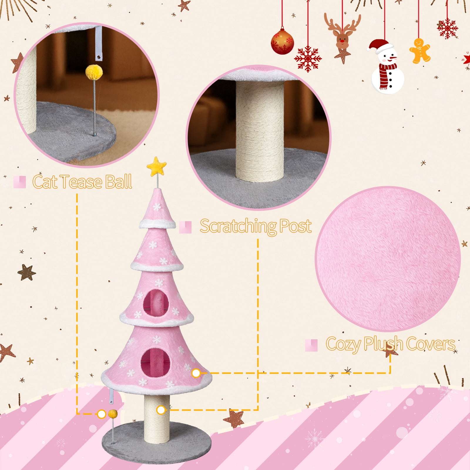 ZephyPaws 60 inch Christmas Cat Tree,Cute Cat Tower with 2 Condos,Sisal Scratching Posts,Spring Toy,Holiday Cat Tree Tower for Indoor Cats,Pink