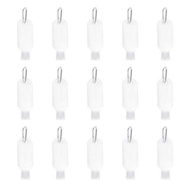 EeaseMX 15 botellas rellenables de 50 ml con gancho para desinfectante de manos, botellas de viaje y envases de alcohol (botellas transparentes con gancho de patrón aleatorio).