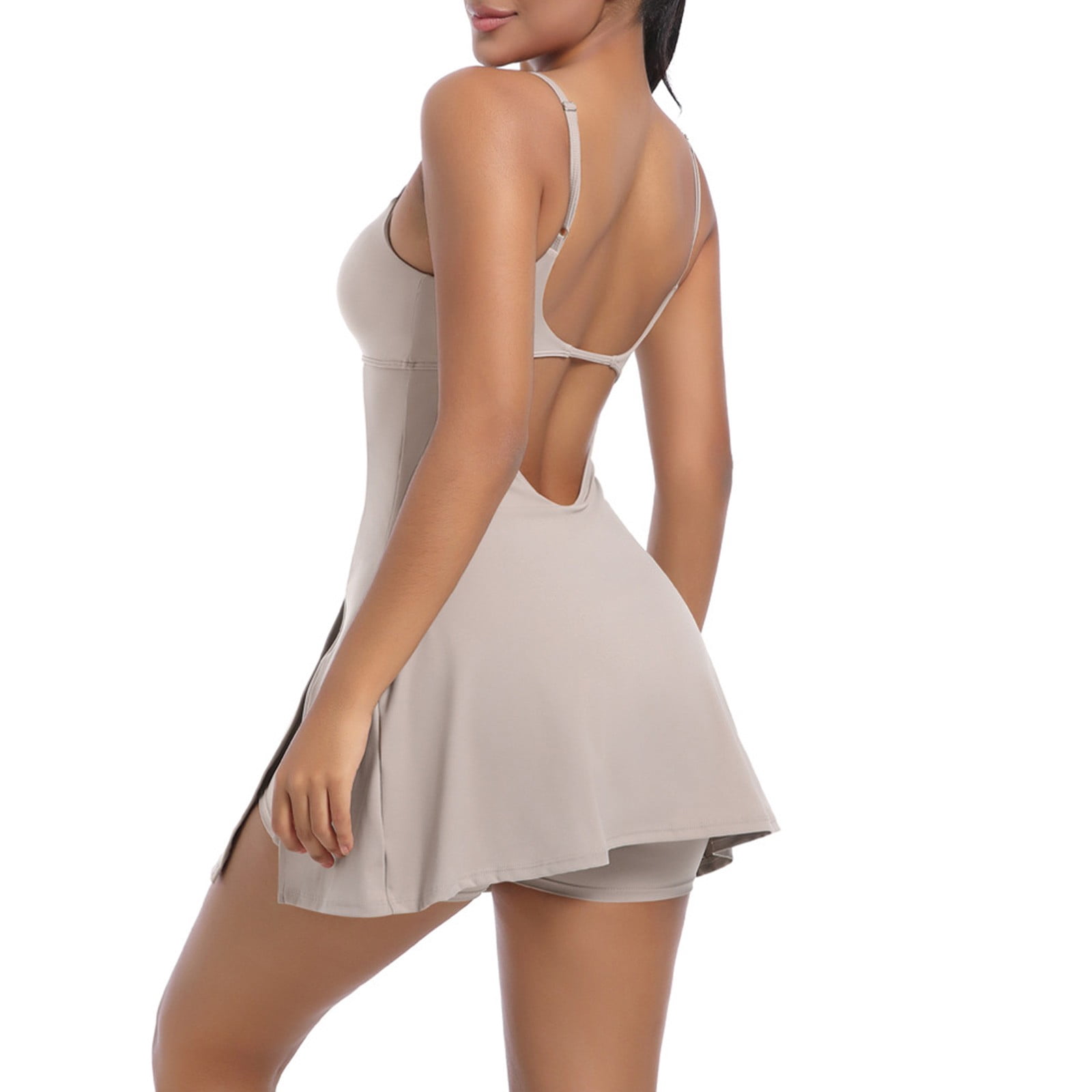 jtjvou Women's Tennis Mini Dresses Workout Golf Athletic Sleeveless Backless Spaghetti Strap Slit Dress with Built in Shorts Khaki S