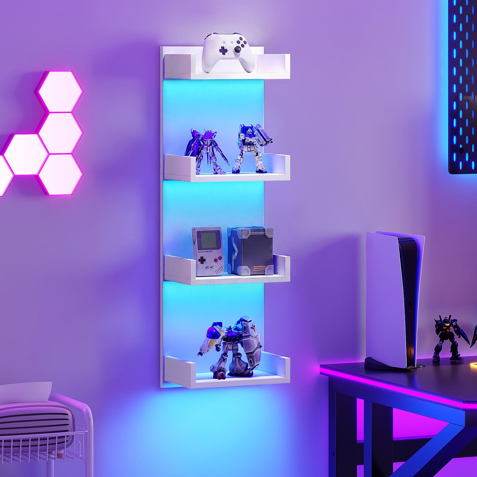 Vertical 4-Tier LED Floating Wall Shelves, White
