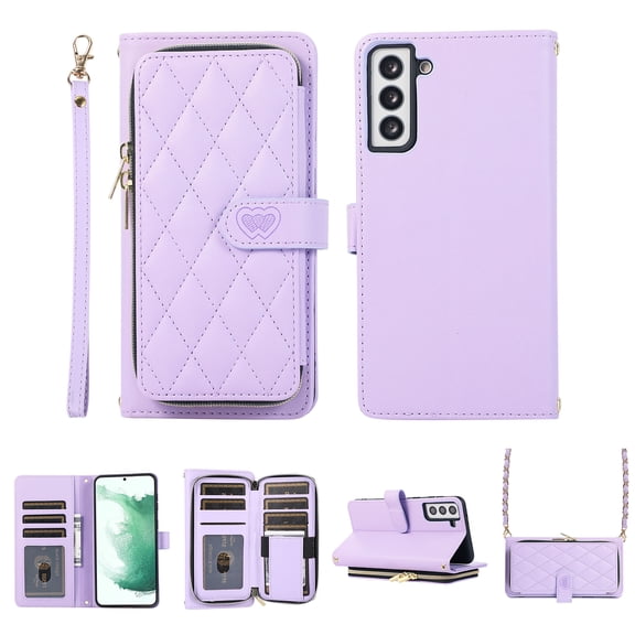 Wallet Case for Samsung Galaxy S25, PU Leather Wrist Strap and Chain Strap Crossbody Purse Cover with Card Holder Zipper Pocket Shockproof Protection Phone Case for Women Girls, Purple