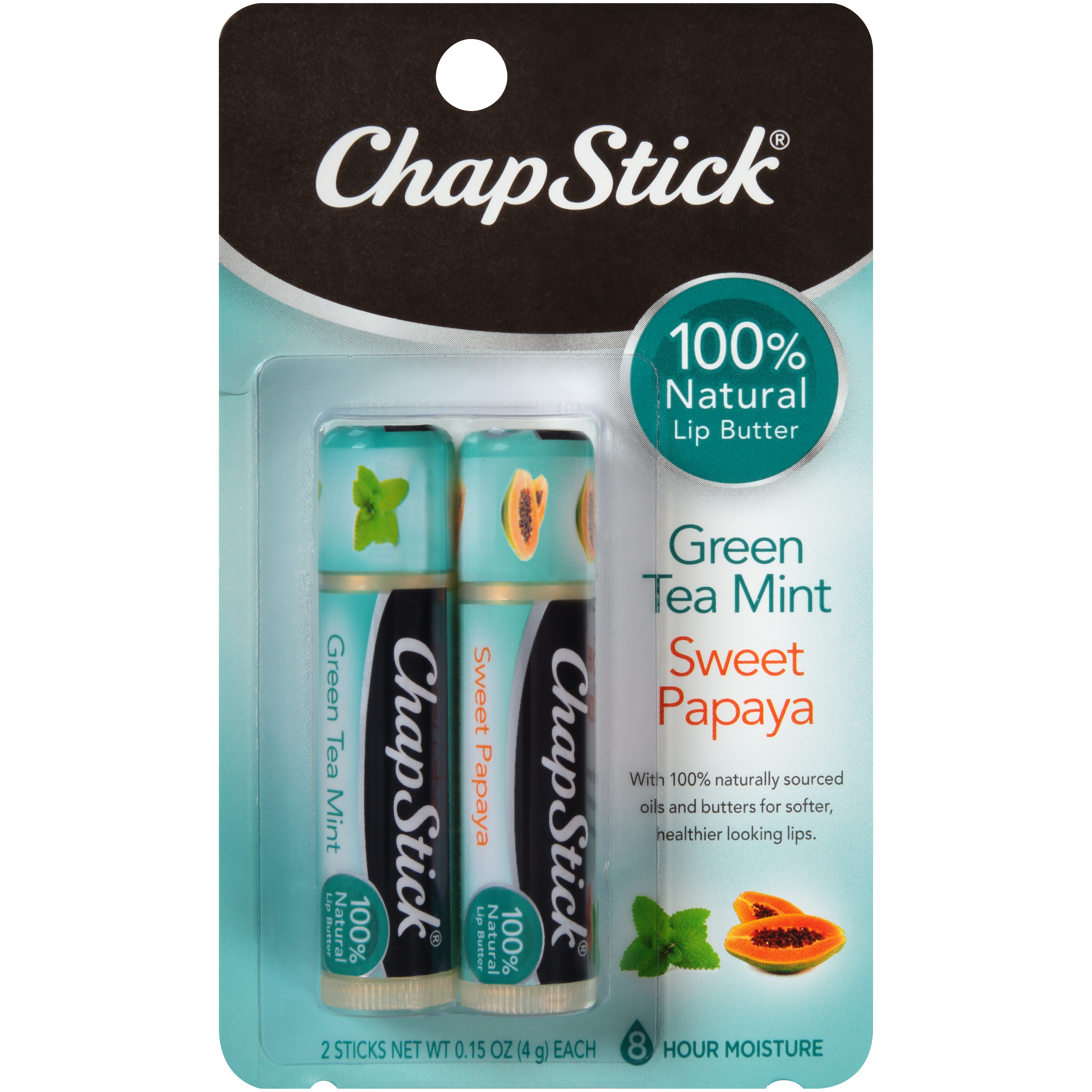 ChapStick Natural Lip Balm Butter, Green Tea Mint & Sweet Papaya, 2