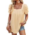 thumbnail image 3 of Women'S Hollow Pleated Short Sleeves Square Neck Casual Loose Solid Color Knit T Shirts Tops Blouses Yellow S, 3 of 9