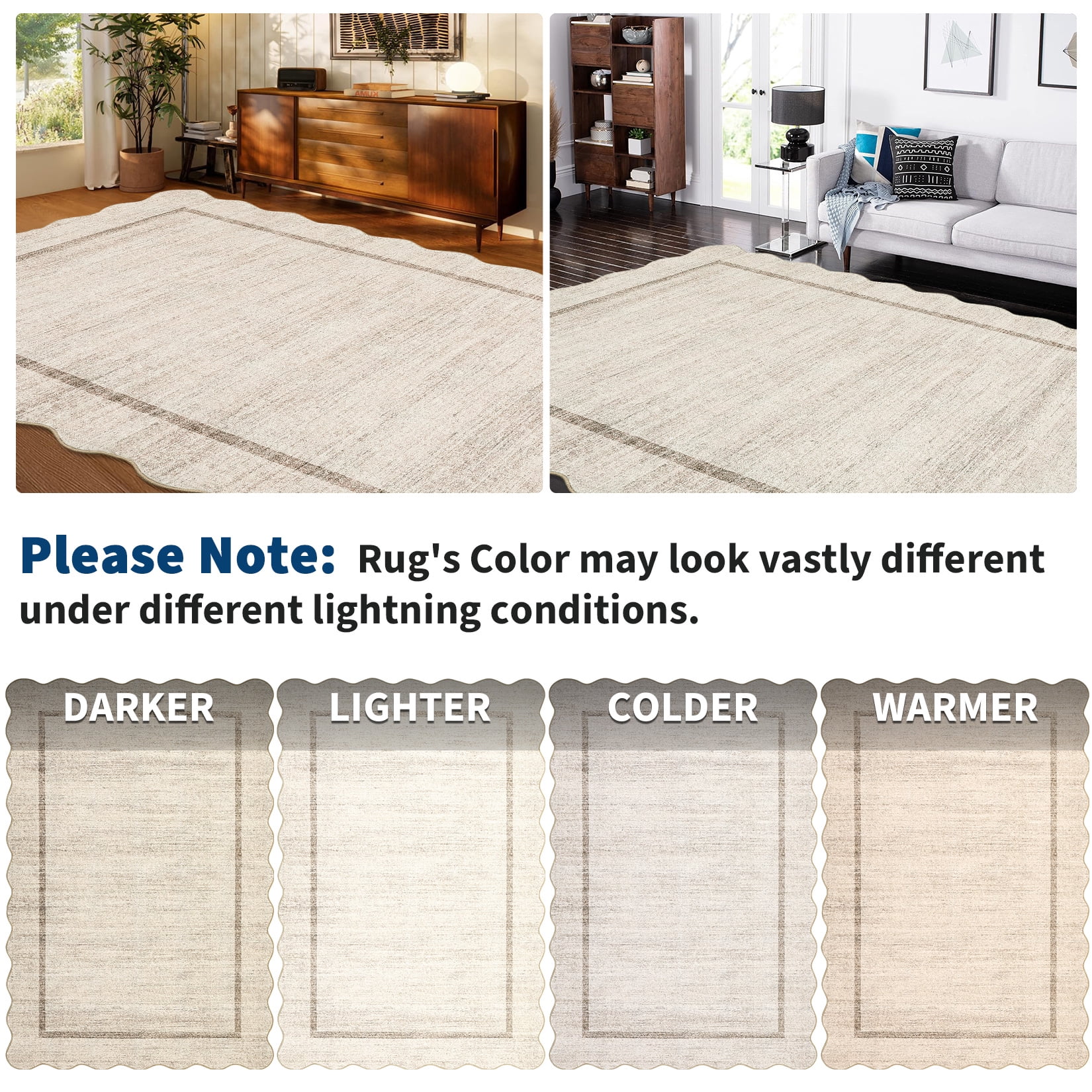 COZONY 10'x13' Extra Large Washable Scalloped Rug, Non-Slip Low Pile Area Carpet, Stain-Resistant Geometric Floor Mat for Living Room, Beige