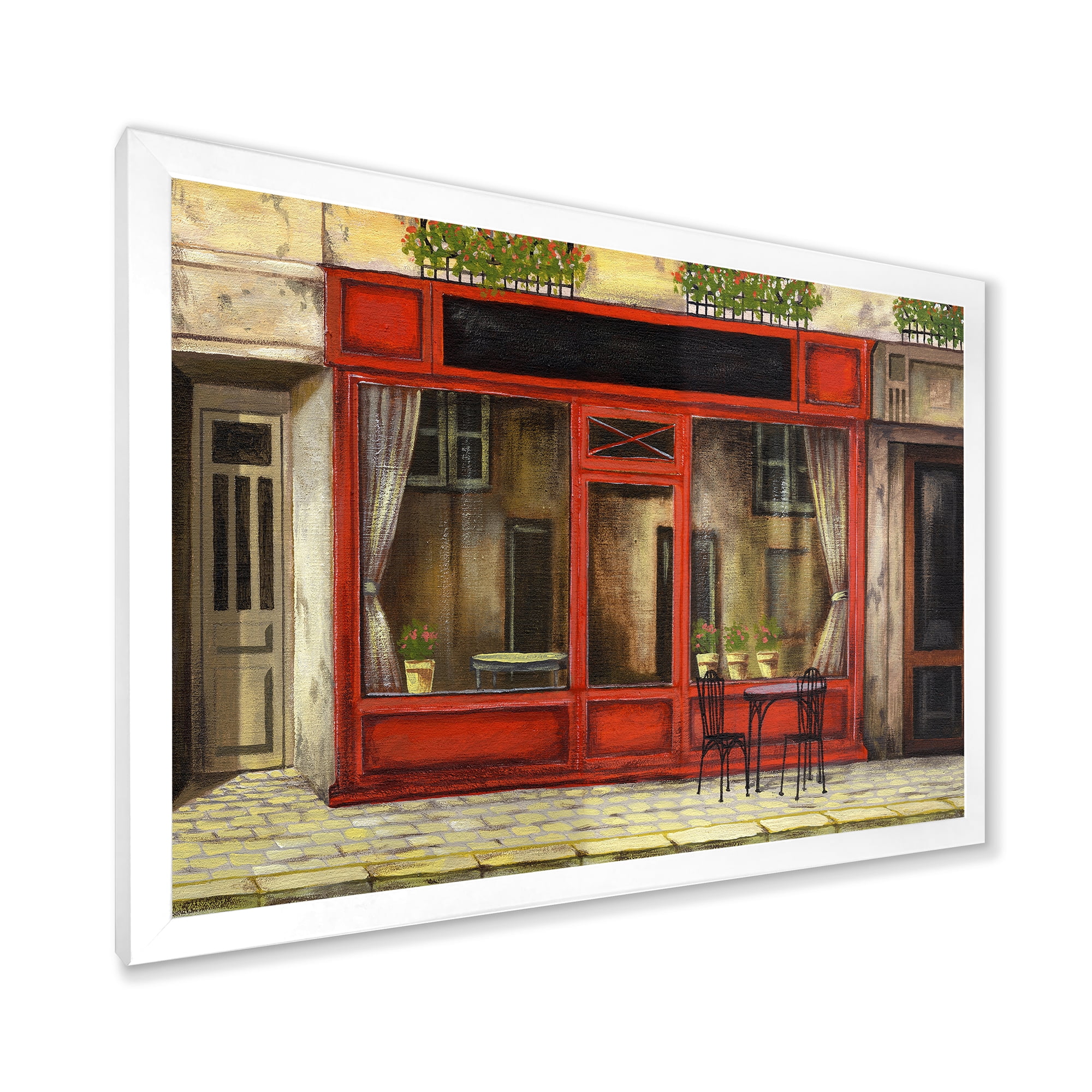 Red Facade of Charming Shop In Paris Street I 20 in x 12 in Framed Painting Canvas Art Print, by Designart