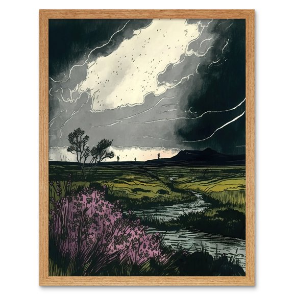 Storm Clouds at Scottish Meadow with Heather Shrub Art Print Framed Poster Wall Decor 12x16 inch