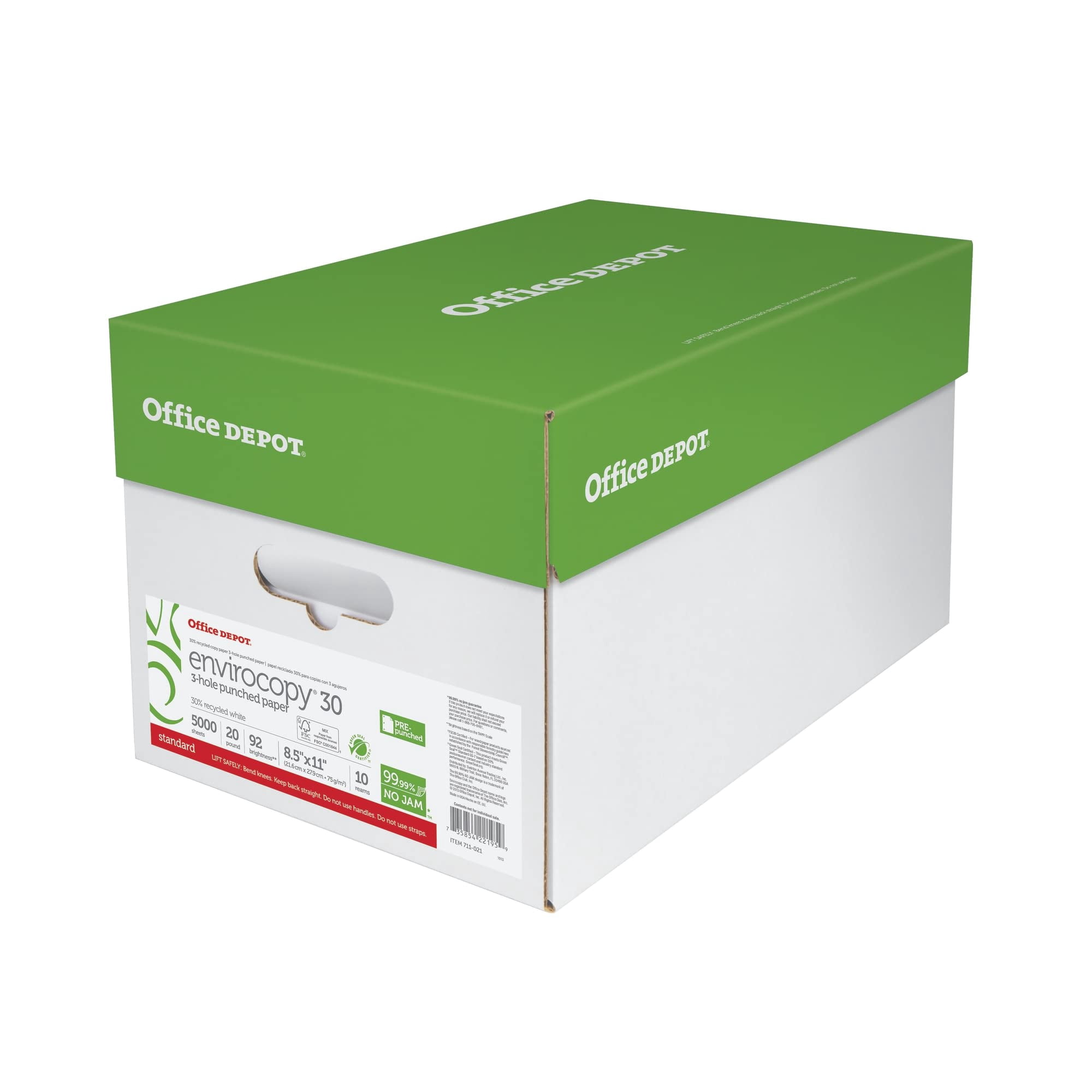 Office Depot® Brand EnviroCopy® FSC Certified Paper, 30 Paper, 3-Hole Punched, Letter Size Paper, 20 Lb, 30% Recycled, FSC Certified, 500 Sheets Per Ream, Case Of 10 Reams