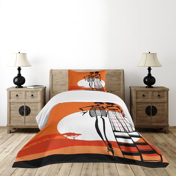 Ambesonne African Quilted Bedspread Set 2 Pcs, Women on Desert, Twin Size, White Orange Black