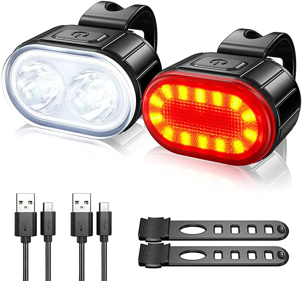 IPX4 Water Resistant ● Mountain Bike Universal FIT with Clip & Mount Strap ● 1 White & 1 Red Lights 2 Bands 4 Light Modes 2 USB Plugs HAKAN LED USB Rechargeable Bicycle Bright Light Set