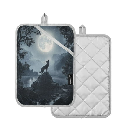 

2 Pcs Pot Holders Sets Oven Mitts Square Potholders Oven Hot Pads Heat Resistant for Kitchen Cooking Baking 7 x9.8 Wolf Howling at The Moon